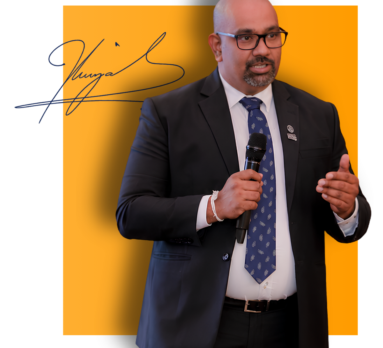 Tharaka Weragoda speaking, with the signature and gradient portrait treatment from the approved concept